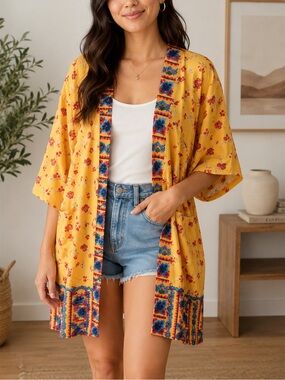 Julyclo Women's Kimoni Swim Cover up/Yellow Floral Cardigan- one size fits most.